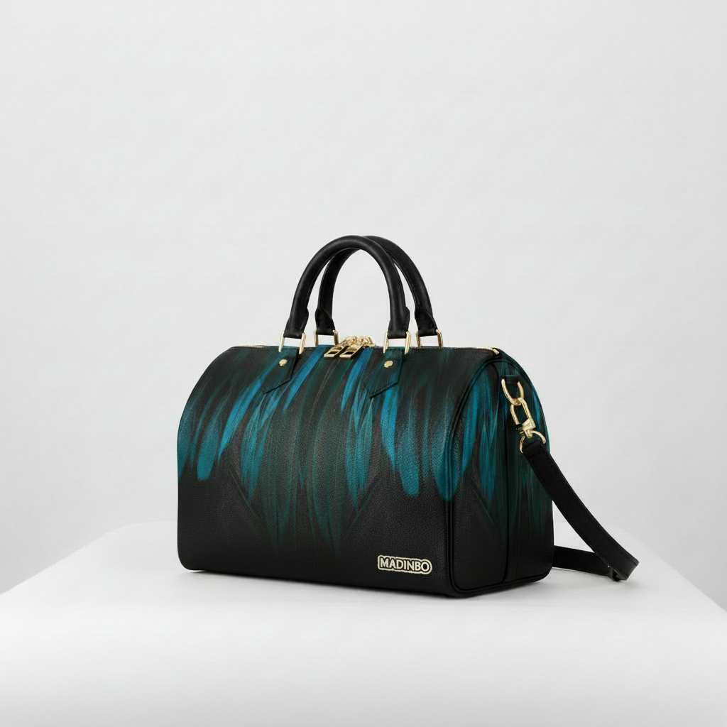 MADINBO HANDBAG - MADE IN ITALY - WITH BLUE FEATHER PRINT: 35 cm x 26 cm