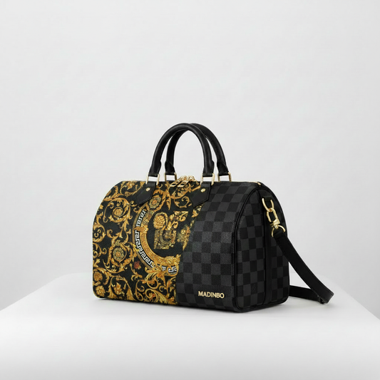 MADINBO BAG - MADE IN ITALY - WITH BAROQUE LION AND CHECKERBOARD PRINT: 35 cm x 26 cm